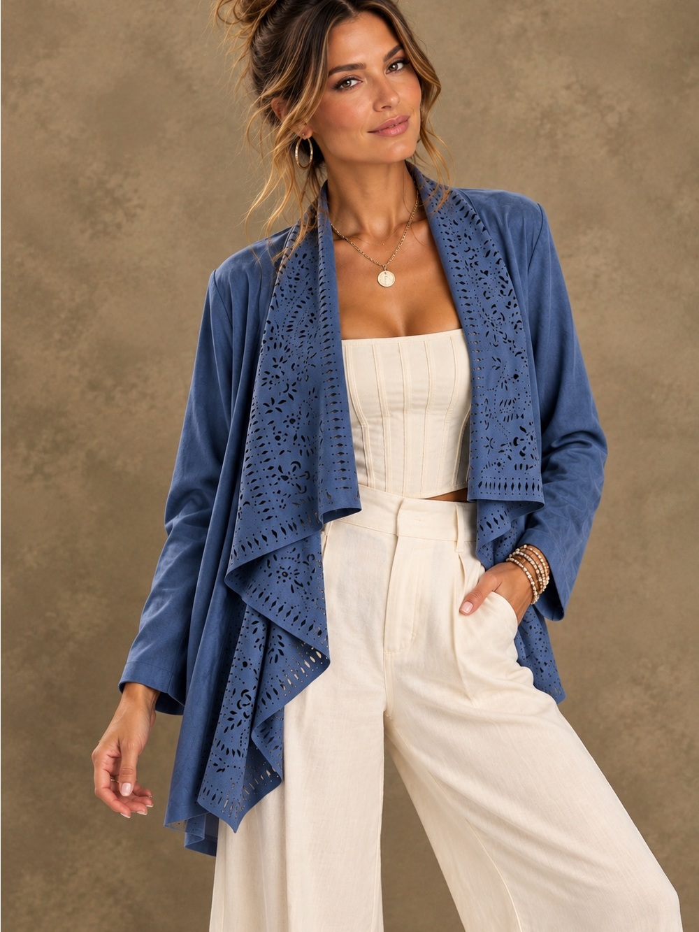 Allison Daley Laser-Cut Draped Open-Front Cardigan in Indigo Spice